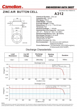 Preview: A312 / ZL 312 Hörgeräte Batterien Zink Luft Camelion 6er Blister