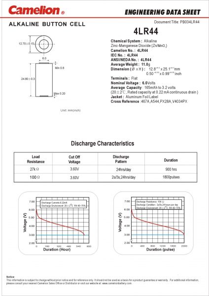 4LR44 Camelion 4LR44 Alkaline Foto Batterie 6V